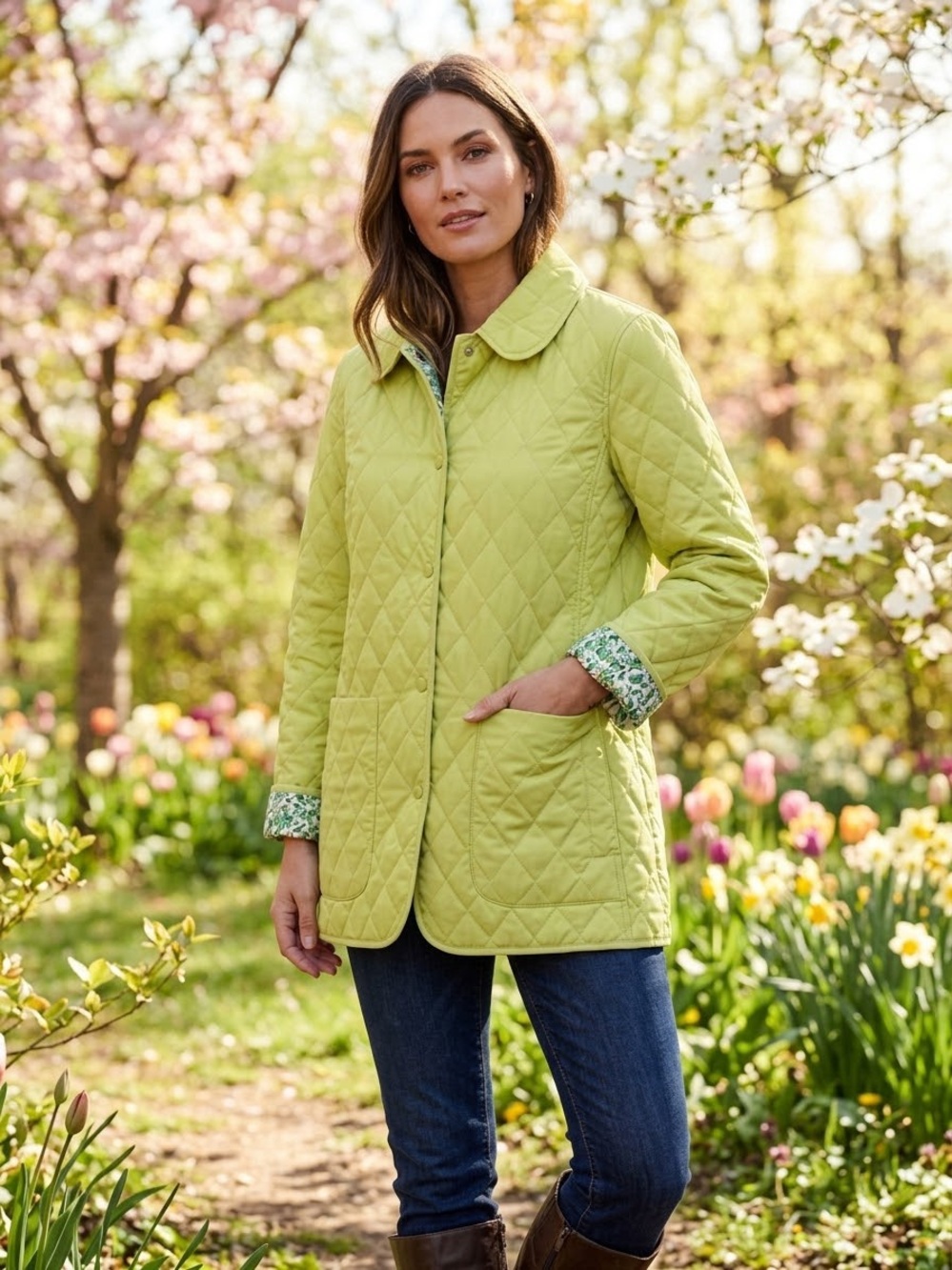 London Fog Quilted Barn Jacket M Green Floral Lined Snap Front Equestrian Coat